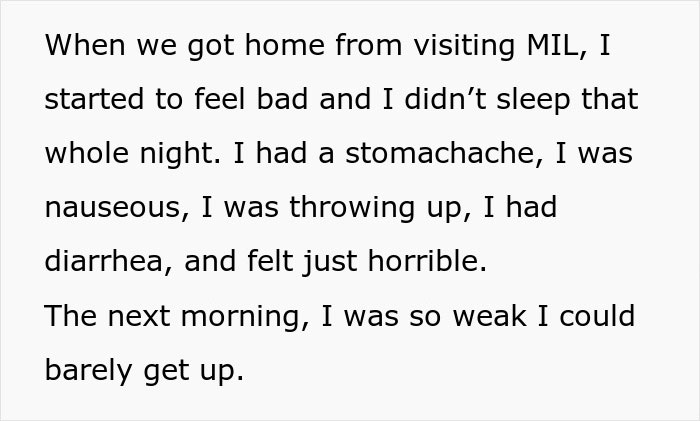 Text detailing violent sickness after MILs birthday dinner, including stomachache, nausea, vomiting, and diarrhea, suspecting why.