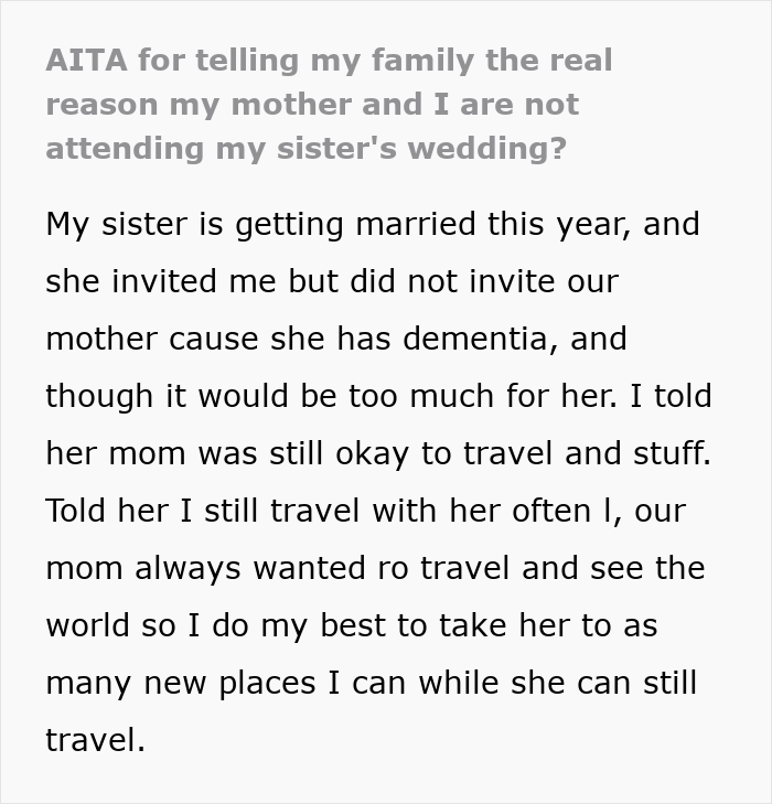 Text excerpt discussing sibling boycotting wedding over mom with dementia Text excerpt discussing sibling boycotting wedding over mom with dementia