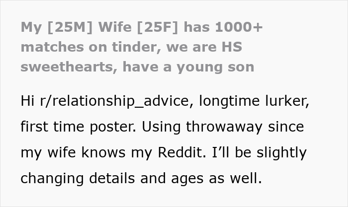 Screenshot of Reddit post about wife having 1000 Tinder matches, showing relationship advice text Screenshot of Reddit post about wife having 1000 Tinder matches, showing relationship advice text