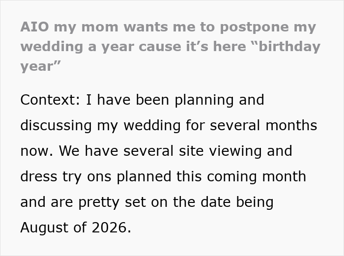 Screenshot of text about a mom wanting to postpone her daughter's wedding for her birthday year, the main SEO keyword. Screenshot of text about a mom wanting to postpone her daughter's wedding for her birthday year, the main SEO keyword.