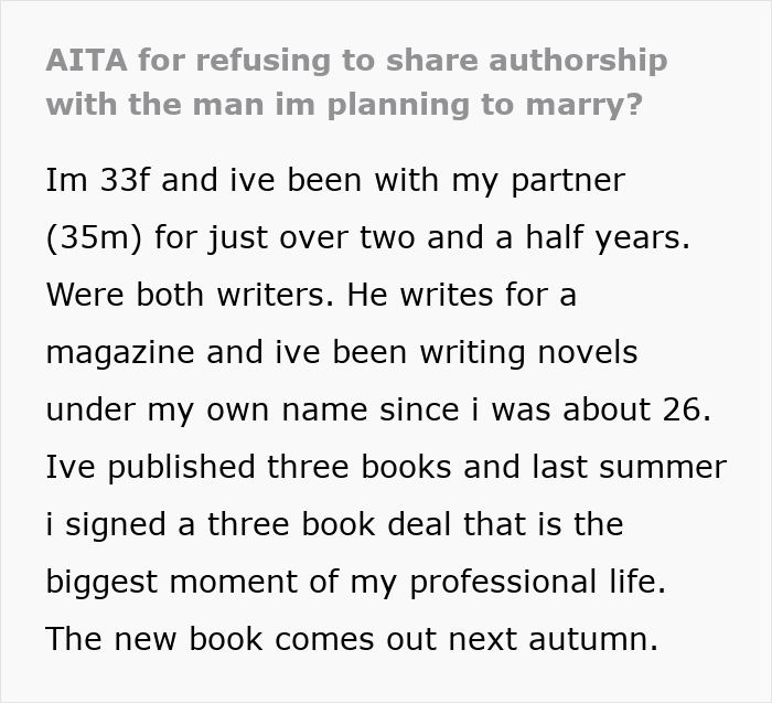 Screenshot of an author's confession about her boyfriend wanting his name on her book, claiming he co-wrote it.