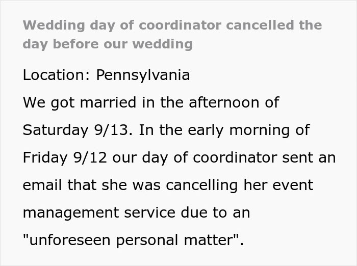 Text describing wedding coordinator cancelling event management service before wedding