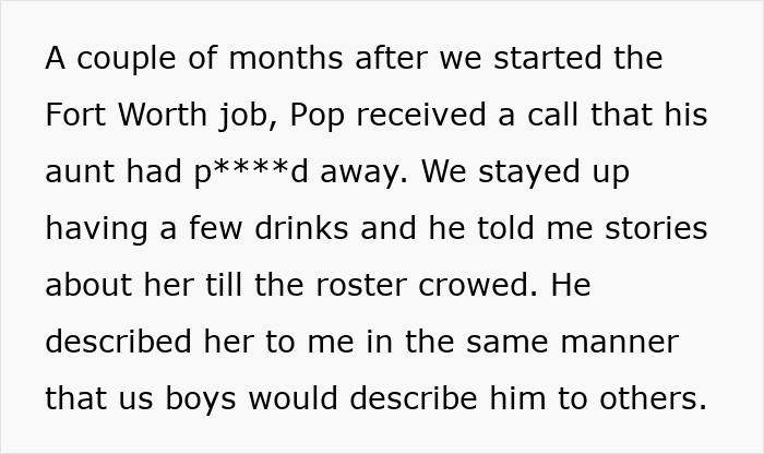 Text snippet: Family learns of aunt's passing, remembers stories about her. Text snippet: Family learns of aunt's passing, remembers stories about her.