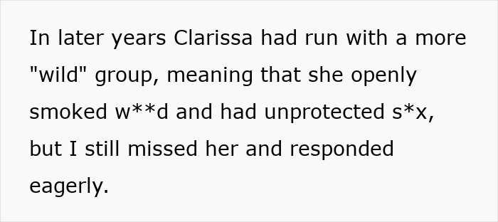 Text describing Clarissa's wild past and the main character's longing, leading to a blind date and petty payback. Text describing Clarissa's wild past and the main character's longing, leading to a blind date and petty payback.