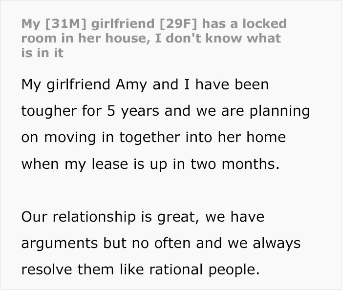 Text excerpt describing a girlfriend with a locked room in her house Text excerpt describing a girlfriend with a locked room in her house