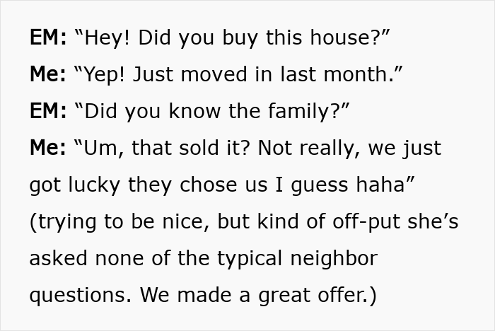A screenshot showing the initial conversation where Karen asks about the house purchase from the stranger's home. A screenshot showing the initial conversation where Karen asks about the house purchase from the stranger's home.