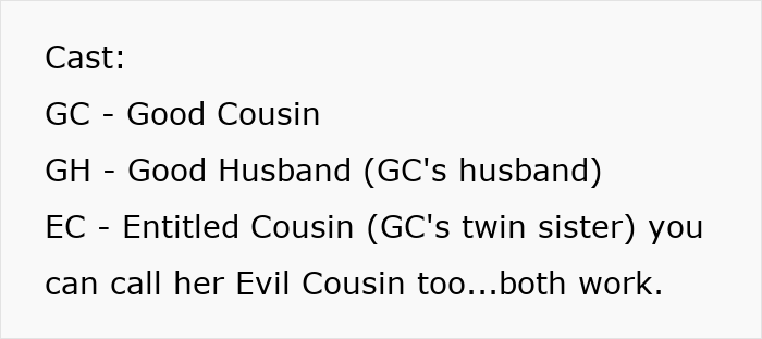 Screenshot of text: Cast list including Good Cousin, Good Husband, Entitled Cousin, representing characters in a story about a sister's wedding ruining a vacation.