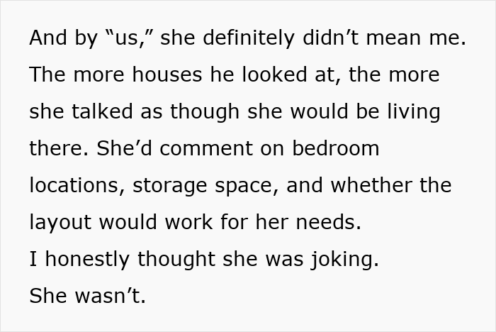 More text about a mother's insistence on moving in, indicating a breakdown for the couple preparing to start life together.
