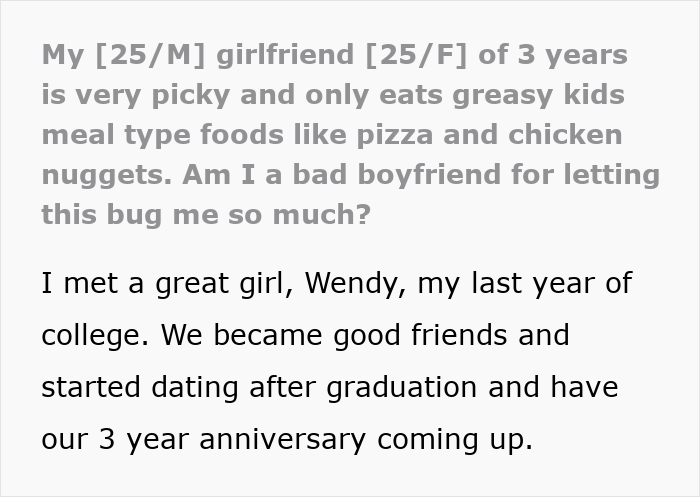 Text about a picky eater girlfriend in a relationship who only eats greasy kids meal type foods. Text about a picky eater girlfriend in a relationship who only eats greasy kids meal type foods.