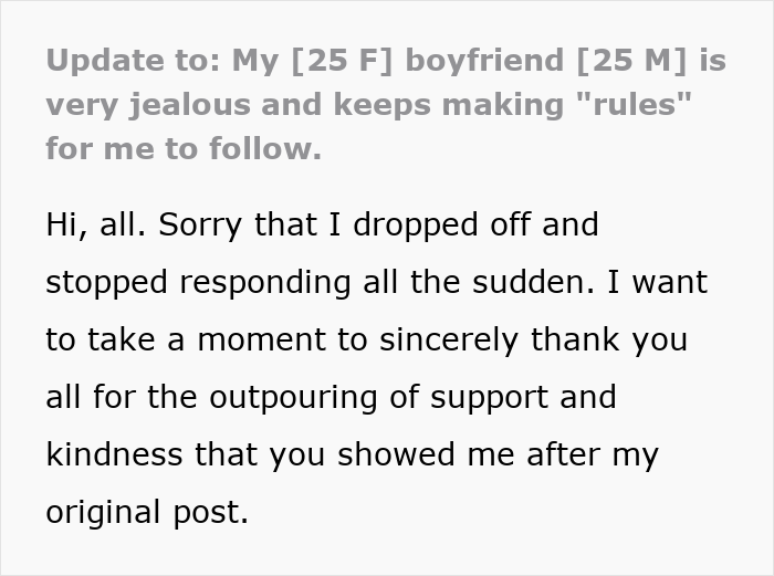 A screenshot of an update post from a 25-year-old female about her 25-year-old jealous boyfriend and his rules.
