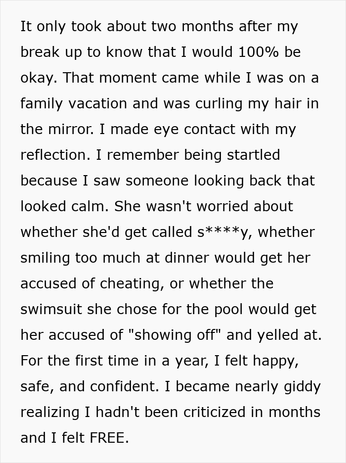 A woman sharing her story of ending a toxic relationship because her boyfriend's jealousy and ridiculous rules destroyed her life