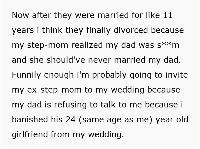 Text describing the bride's dad's divorce and her plan to invite her ex-stepmom to her wedding.