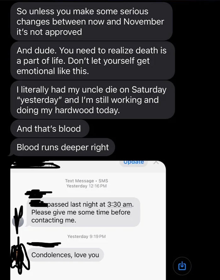 Screenshot of harsh boss texts to grieving employee about emotions Screenshot of harsh boss texts to grieving employee about emotions