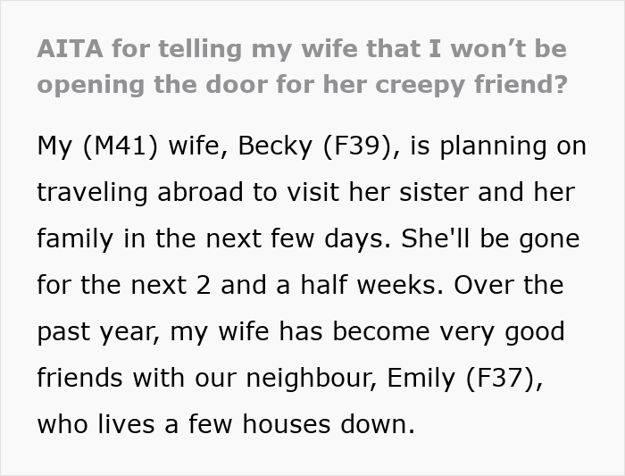 Screenshot of text detailing a wife's creepy friend and her husband's discomfort, setting the scene for plotting.