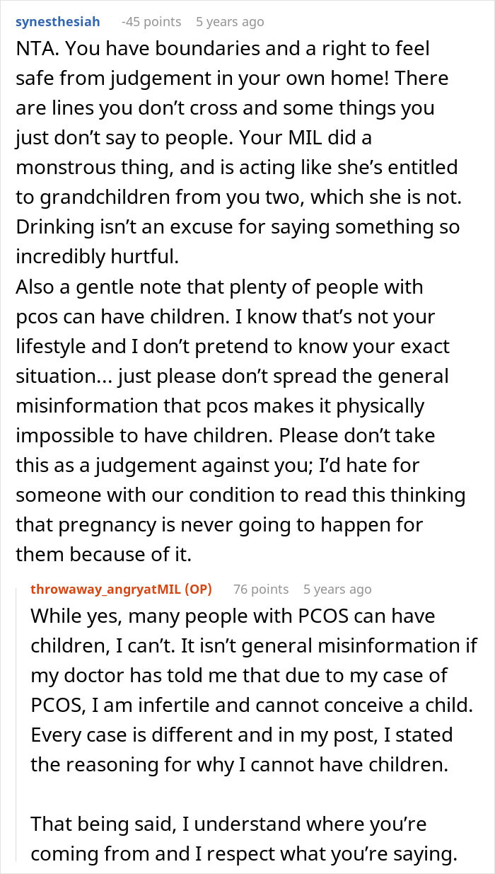 MIL crosses line judging childfree couple with PCOS and infertility issues