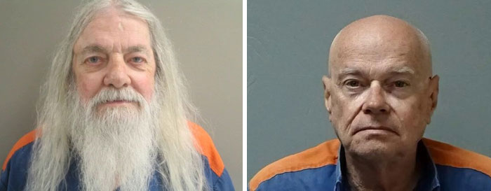 Side by side mugshots of two older men with long white hair and bald head