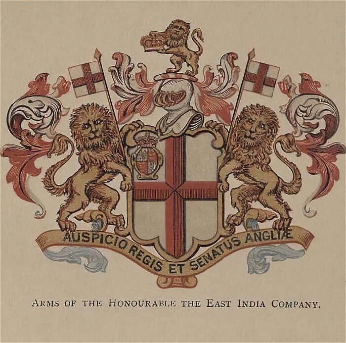 Coat of arms of the East India Company with lions and a red cross, representing historical acts of revenge