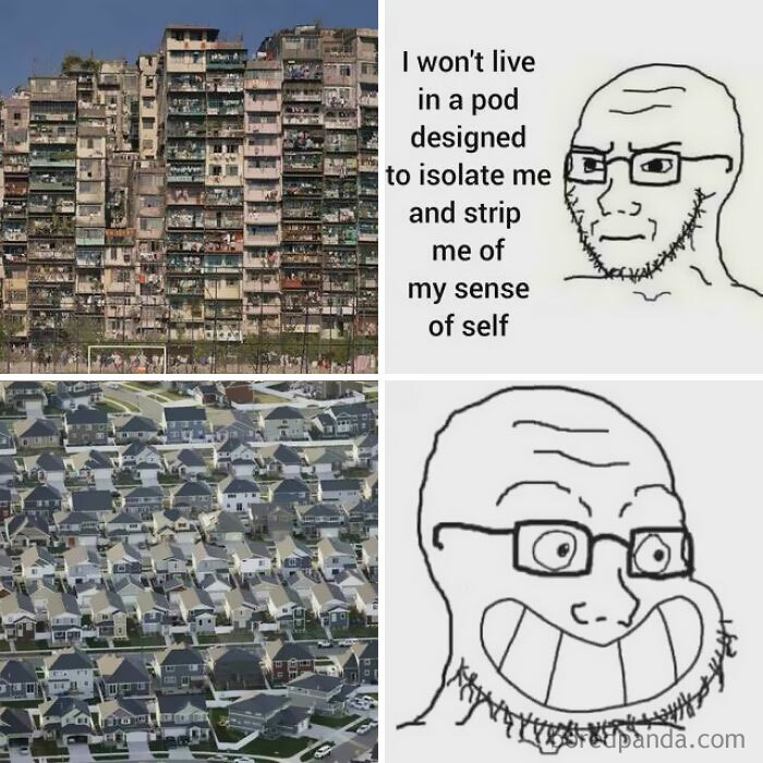 Comparison of dense pod housing versus suburban hell single-family homes with meme faces
