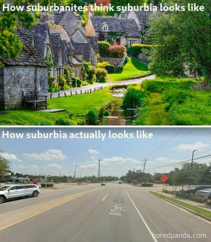 Comparison image of idyllic cottages versus plain suburban street scene