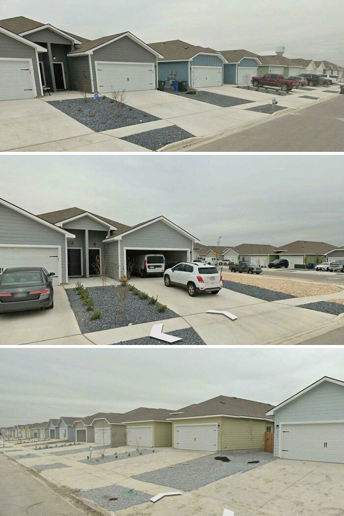 Suburban neighborhood with nearly identical houses and garages in gray and beige colors