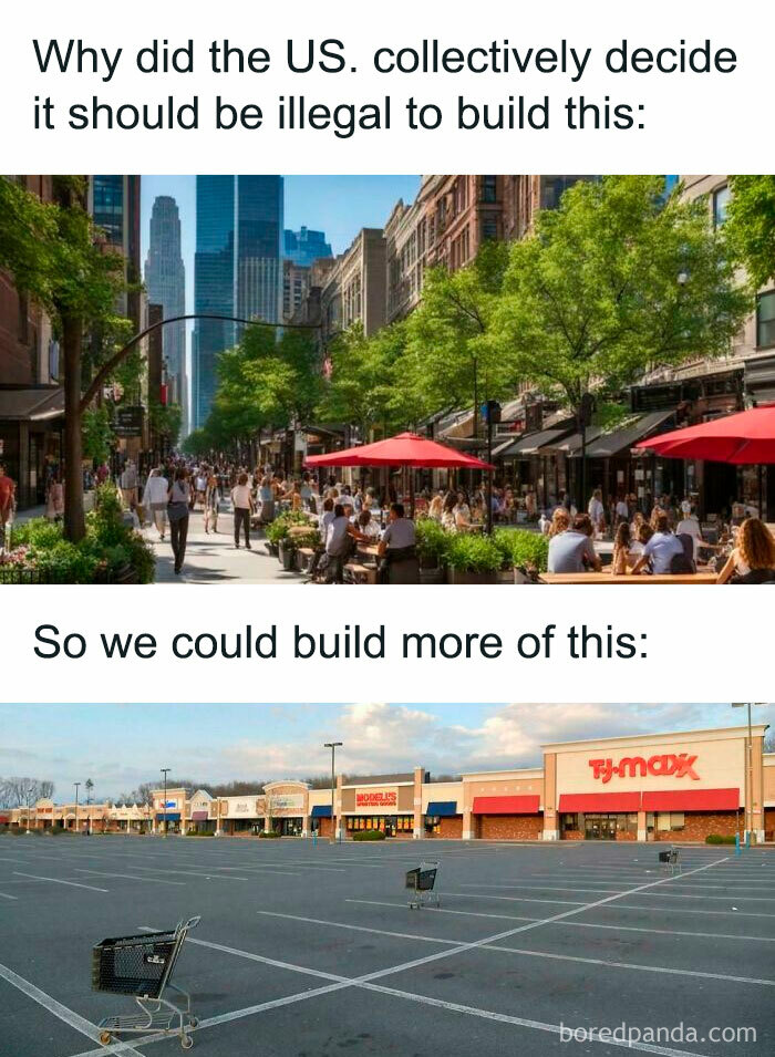 Comparison of walkable urban street vs empty suburban hell shopping center with large parking lot