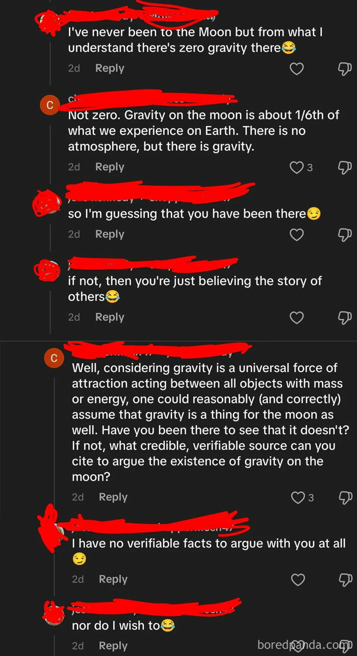 Online discussion debunking moon gravity myth with detailed explanations