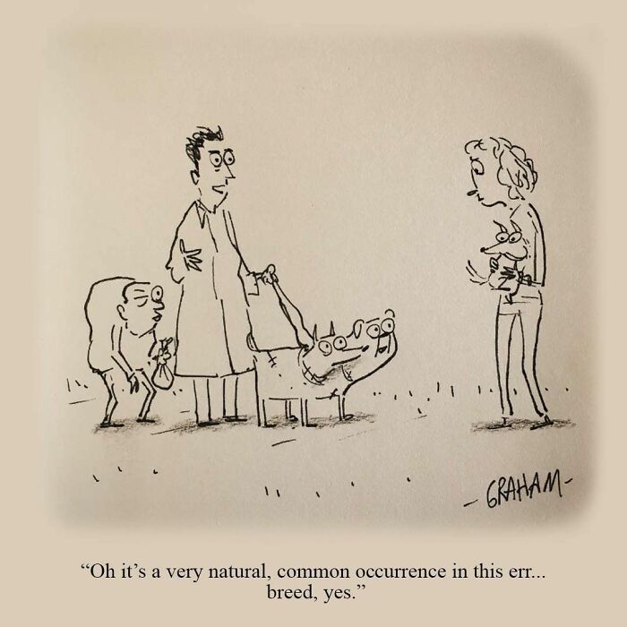 Subtle humor comic of people with a two-headed dog explaining a natural breed trait