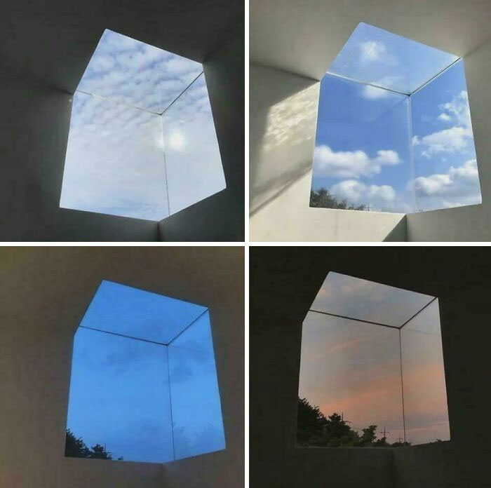 Window illusion creating a cube-shaped view of the sky with changing light and clouds