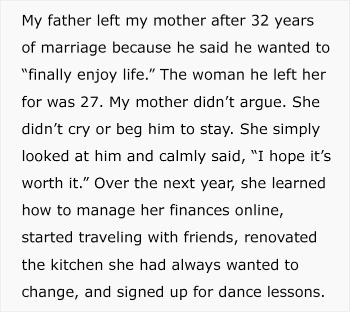 Text about a woman thriving after divorce by managing finances and hobbies