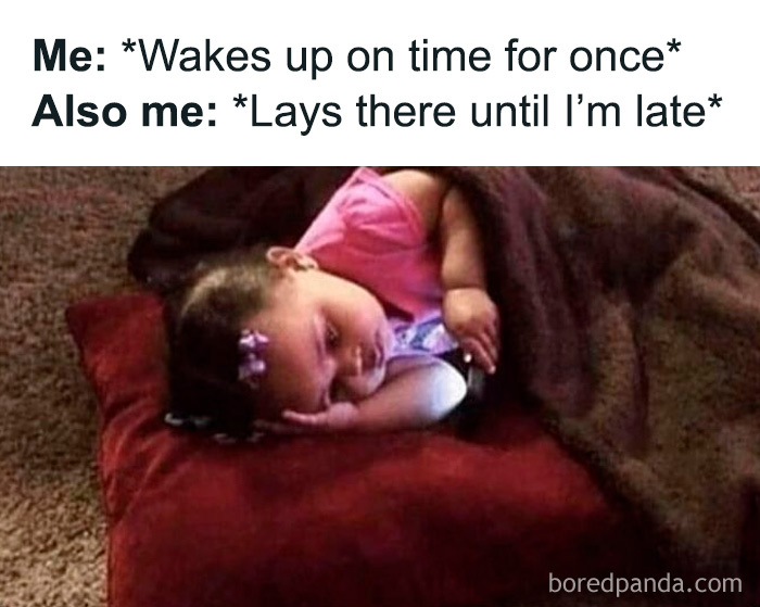 Child lying in bed staying late after waking up on time meme