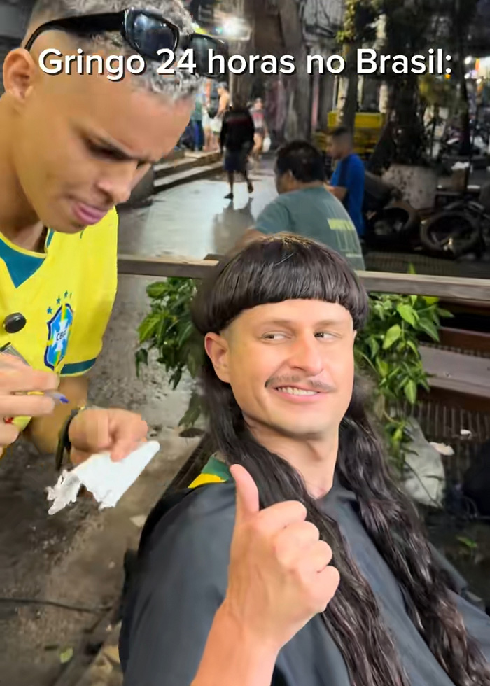 Oliver Tree gives thumbs up during a perfect day in Brazil with a man in a Brazil soccer jersey Oliver Tree gives thumbs up during a perfect day in Brazil with a man in a Brazil soccer jersey
