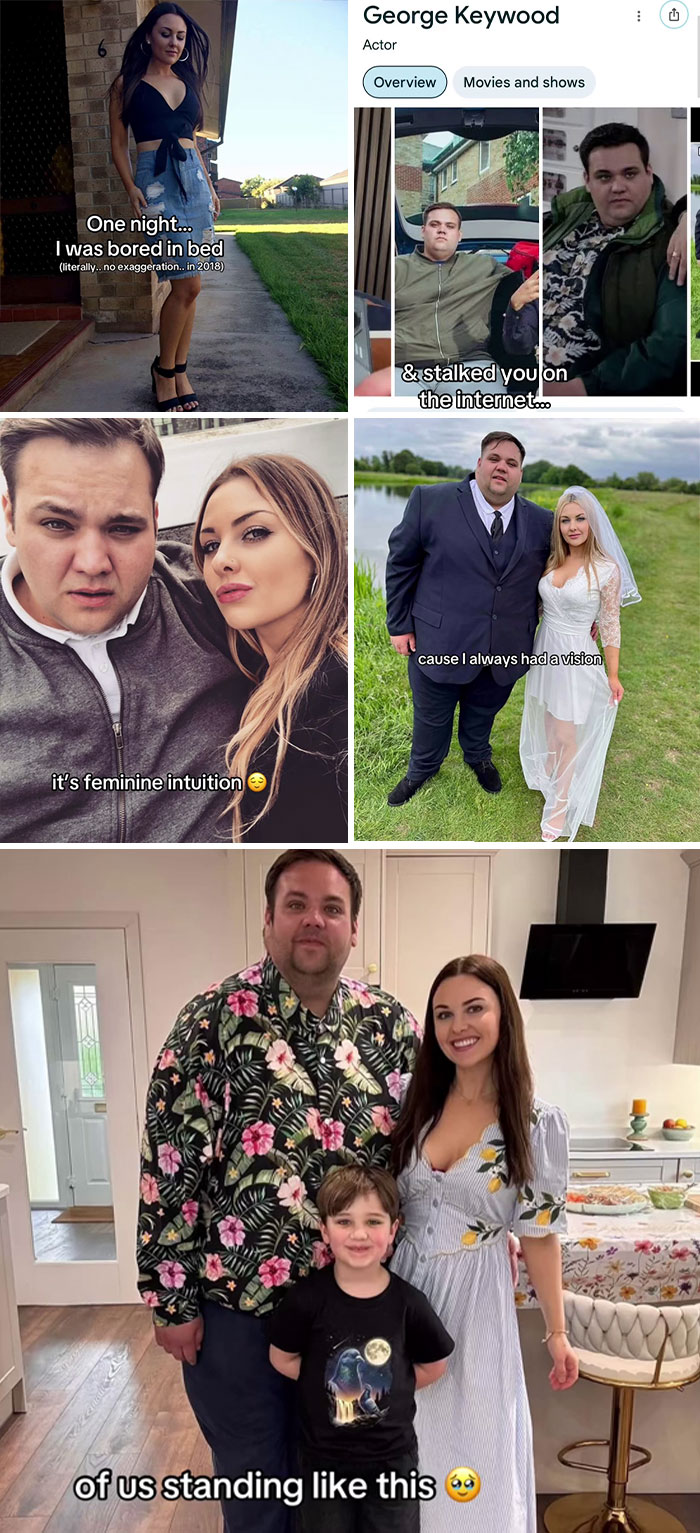 A split image with a woman outside, a man's online profile, a couple on a wedding day, and a family posing, sharing cute love stories.
