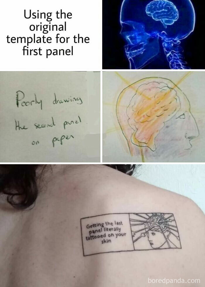 A mad lad meme evolving from a glowing brain to a handwritten panel, then a tattoo of the final panel on a person's back.