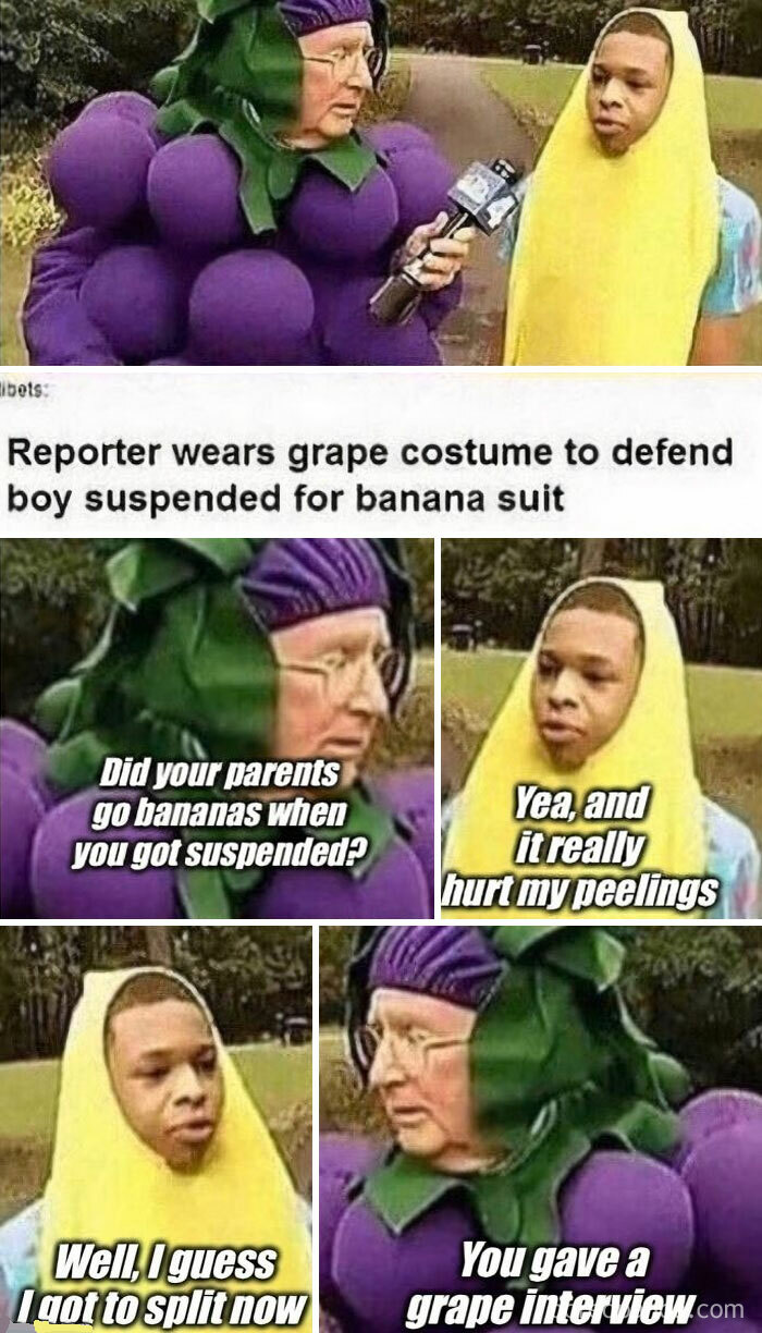 A reporter in a grape costume interviewing a boy in a banana costume, a mad lad defying rules.