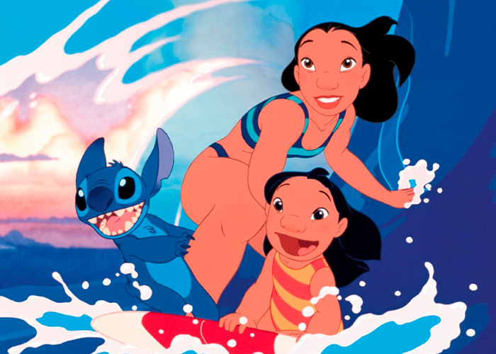 Animated characters Lilo and Stitch surfing, referencing the Lilo & Stitch star.