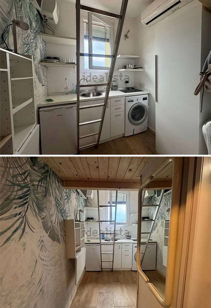 Two views of a tiny apartment kitchen with a loft bed accessed by a ladder, a cramped real estate listing with unique features.