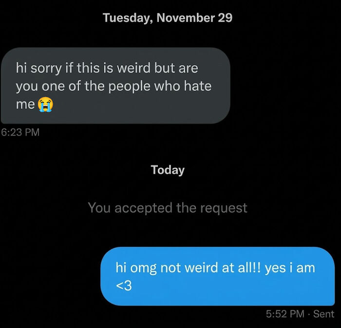 Hilarious text exchange where one person asks if they are hated and the other confirms, showcasing no filter.