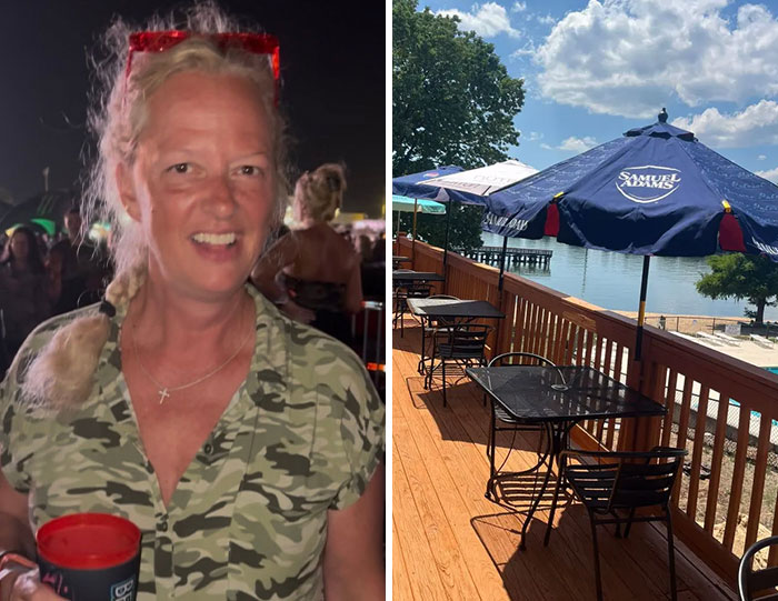 Image of a woman smiling and an outdoor restaurant patio by the water, relating to bizarre accidents and lives lost.