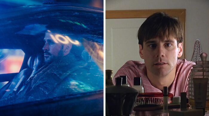 Two side-by-side scenes from popular fiction movies, one featuring a man driving at night and the other a man looking in a mirror.