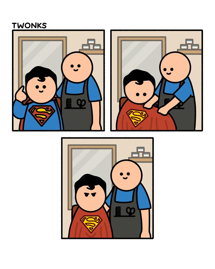Absurd comic by Steve Nelson of a barber giving a Superman-themed haircut to a child, changing the cape.
