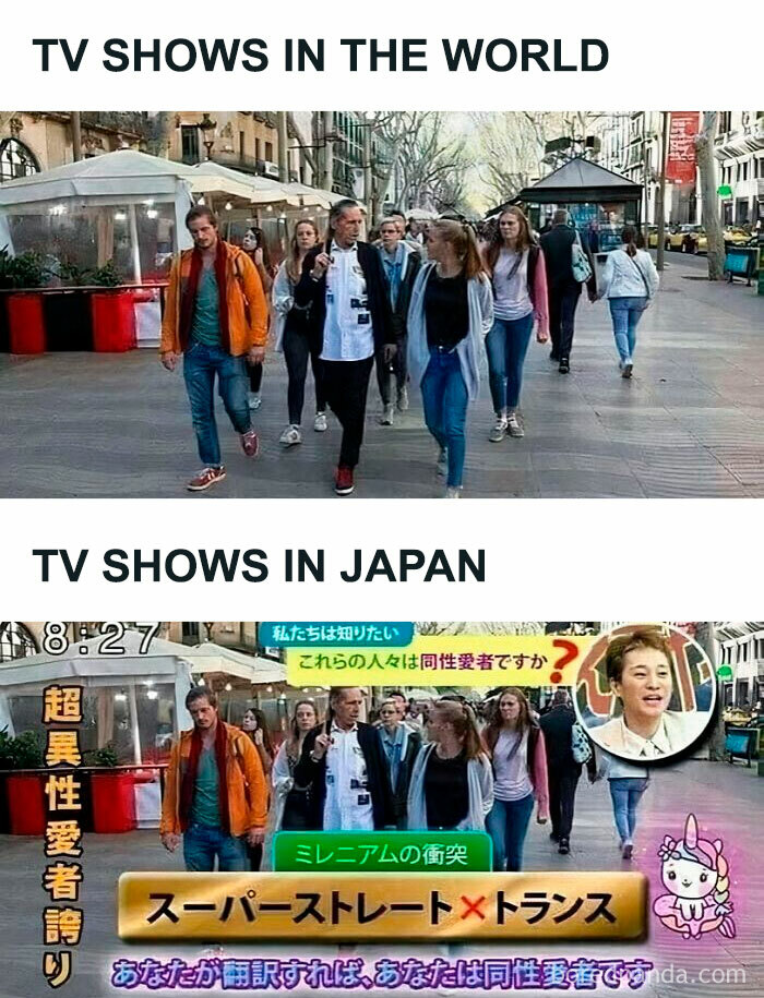 A meme comparing TV shows in the world versus TV shows in Japan, with an overly dramatic Japanese TV overlay.