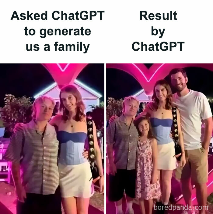 A hilarious meme showing ChatGPT generating a family, with a before and after image, perfect for staying sane in this crazy world.