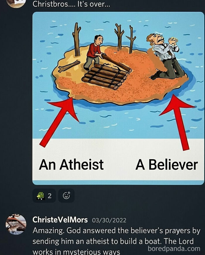 A funny meme illustrating an atheist building a raft and a believer praying on a tiny island, a hilarious meme.