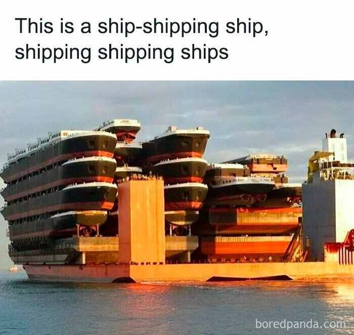 A meme of a ship-shipping ship carrying many smaller ships across the water. Hilarious memes for humor.