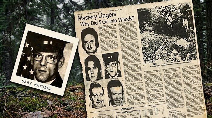 A newspaper clipping and photo of Gary Mathias, covering an unsolved mystery.