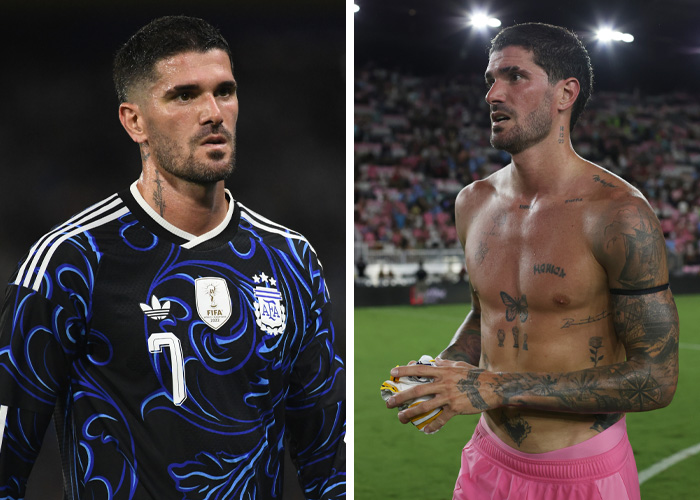 A split image of a World Cup heartthrob, one side in a soccer uniform, the other shirtless in pink shorts.