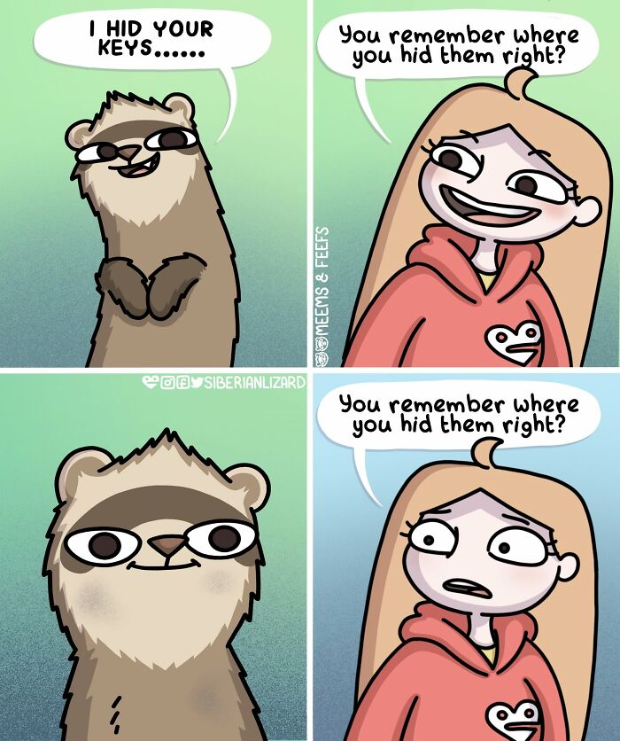 A Siberian girl illustrates a ferret mischievously hiding keys and the girl's worried reaction, forgetting where they are.
