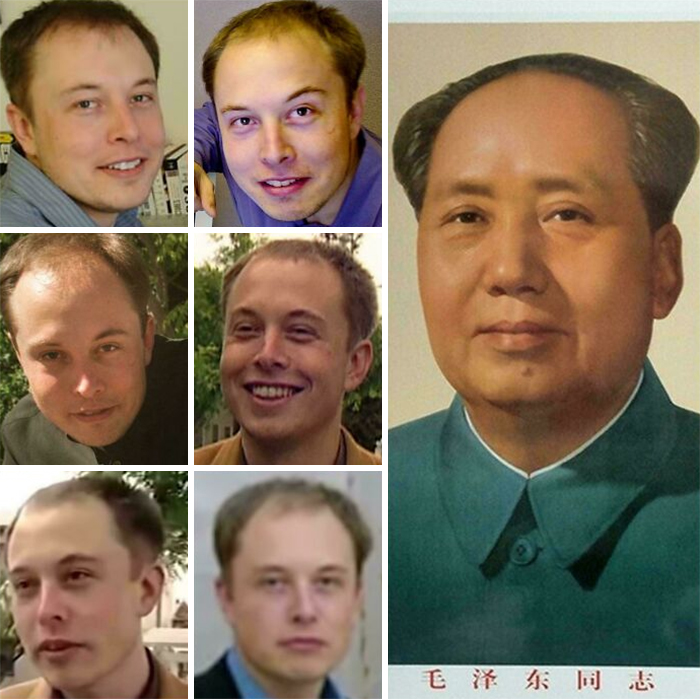 Collage of images depicting a man with multiple unfortunate haircuts alongside a portrait of Mao Zedong.