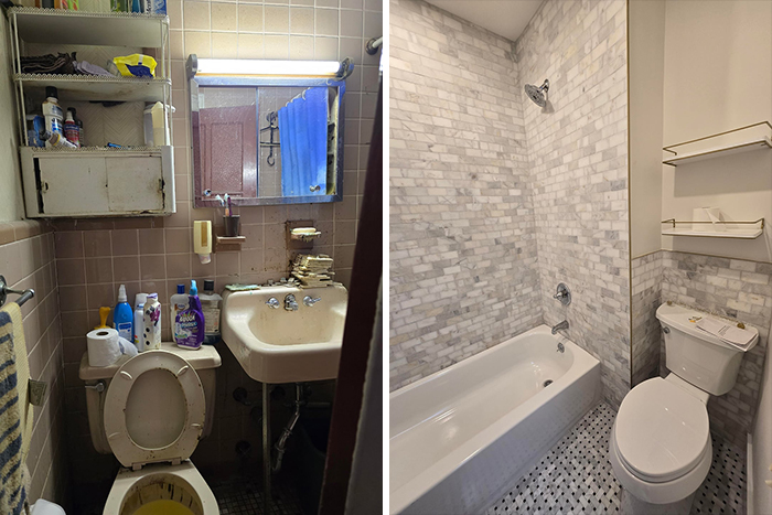 Amazing renovations: a small, outdated bathroom before and after, showcasing a complete redo with subway tile walls and a modern vanity.