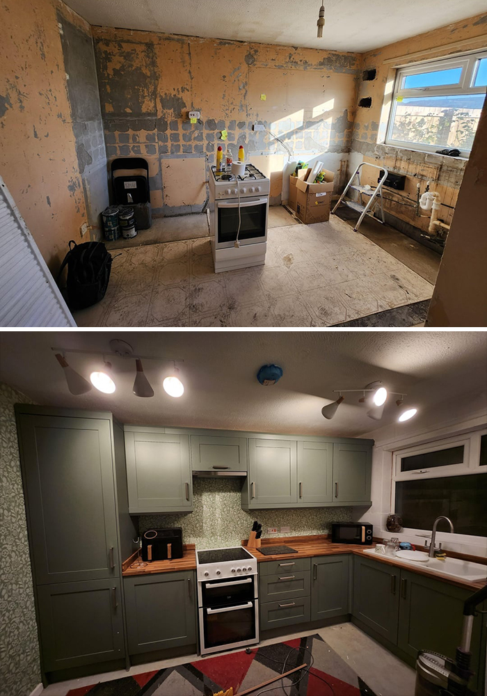 Before and after kitchen renovations: a messy space transformed into a modern kitchen with green cabinets and wooden countertops.